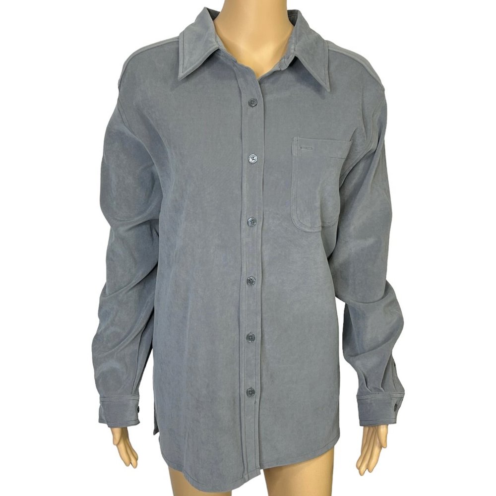 Denim & Co Jeanswear Womens M Gray Stretch Button Up Long Sleeve Blouse Shirt